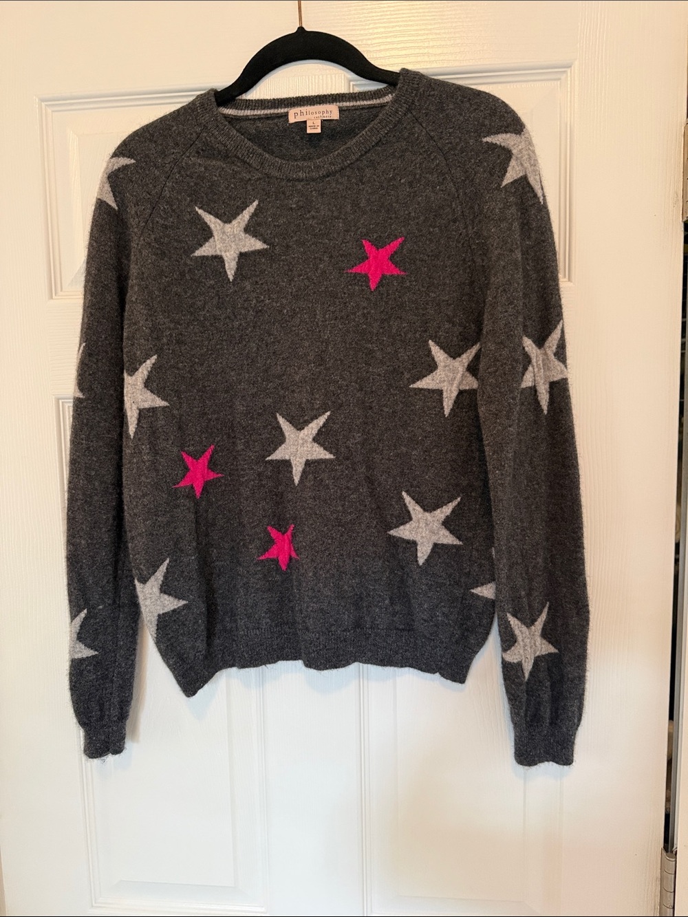 Philosophy Charcoal cashmere Crewneck Sweater with Gray and Hot Pink Stars